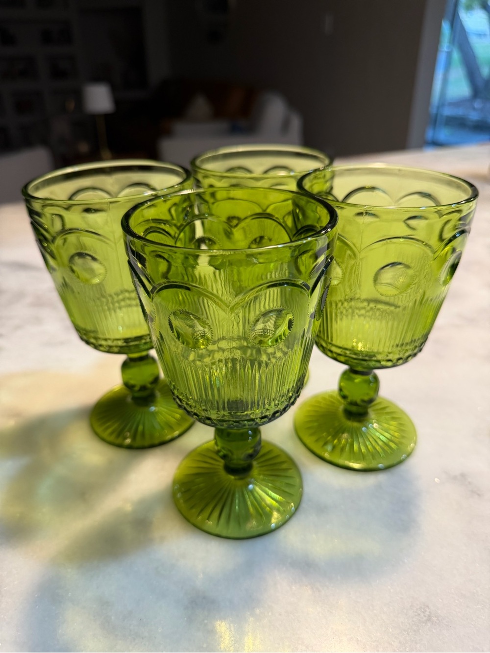 Set of 4 Green Pressed Glass Goblets - Elegant Vintage-Style Drinkware
